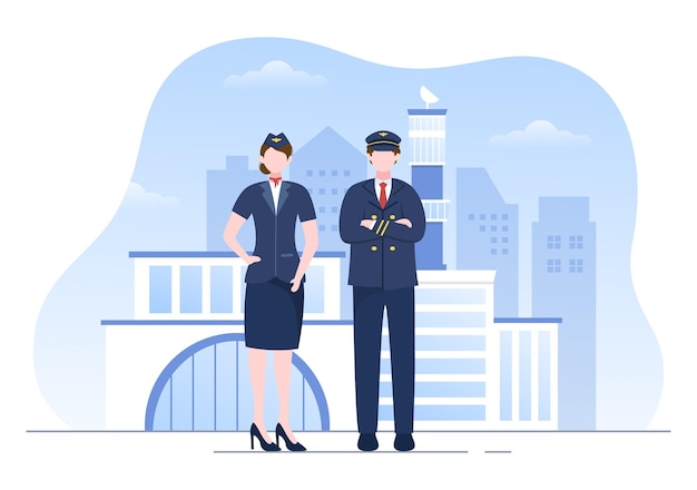 Pilot and Air Hostess Cartoon Illustration