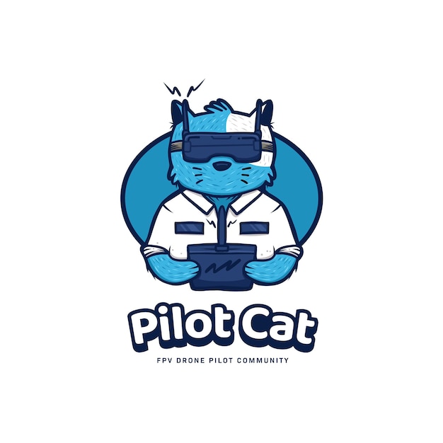 Pilot cat fpv drone pilot community logo icon with blue cat mascot cartoon character