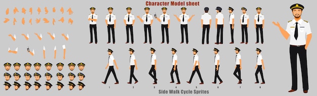 Pilot Character Model sheet with Walk cycle Animation Sequence 