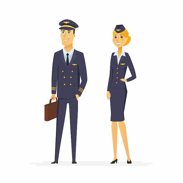 Pilot and flight attendant - cartoon people characters illustration isolated on white background. Young smiling standing man and woman in typical uniform. Male worker is holding a bag. Aviation crew