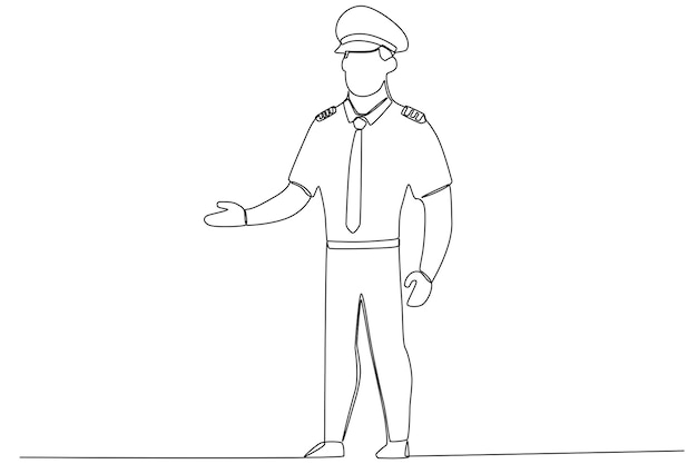 A pilot greets passengers about to board the plane Pilot and plane oneline drawing