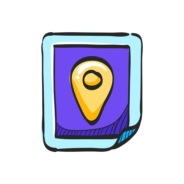 Pin location map icon in hand drawn color vector illustration