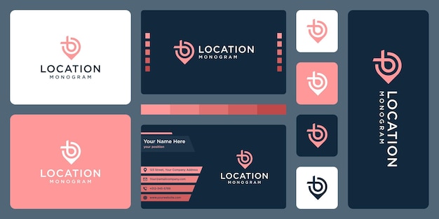 Pin logo, location and initial letter B. business card design.