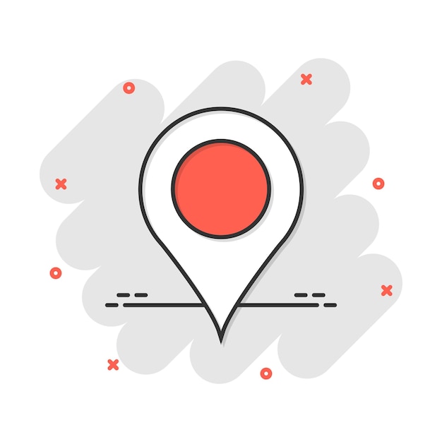 Pin map icon in comic style Cartoon gps navigation vector illustration pictogram Target destination business concept splash effect