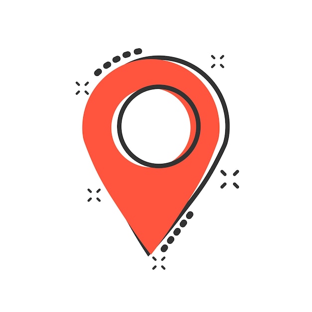 Pin map icon in comic style Cartoon gps navigation vector illustration pictogram Target destination business concept splash effect