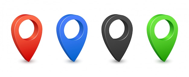 Pin map place location 3d icons. Color gps map pins. Place location and destination signs. Navigation pin pointers