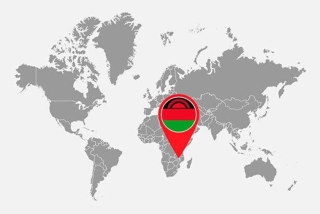 Pin map with Malawi flag on world map Vector illustration