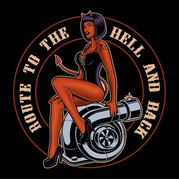 Pin up girl devil on the turbocharger. Shirt design on dark background.