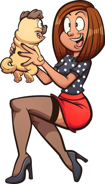 Pin up girl holding a pug puppy up