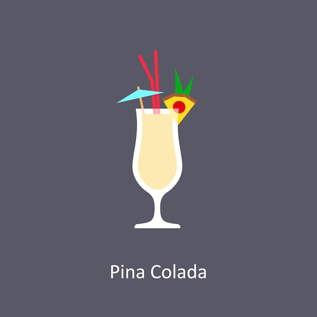 Pina Colada cocktail icon on dark background in flat style Vector illustration