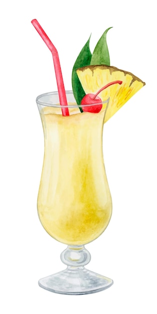 Pina colada cocktail watercolor hand drawn illustration Drink clipart on white background