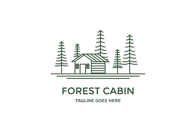 Pine Cedar Evergreen Spruce Conifer Fir Larch Cypress Trees Forest with House for Real Estate Cabin Villa Inn Hotel Chalet Cottage Logo Design