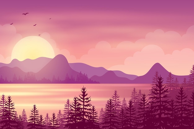 Vector pine forest landscape in evening ocean sunset with mountain and sky illustration