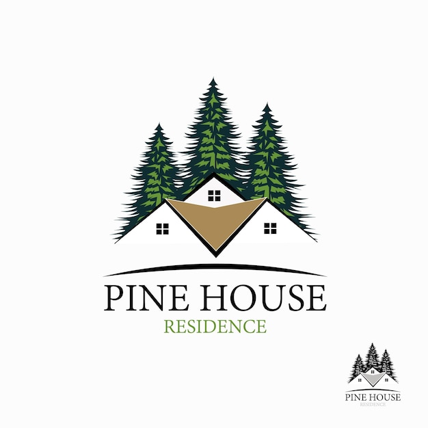 Pine Residence House Vector Logo Design template of pine trees and house made of simple strokes.