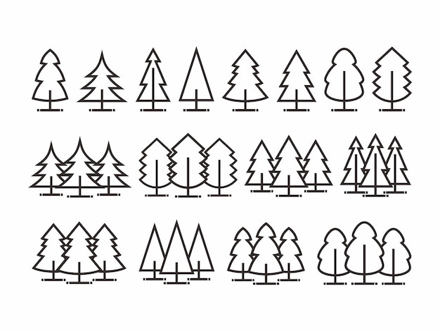 Pine tree icon set Outline pine tree and pine forest icon vector isolated on white background