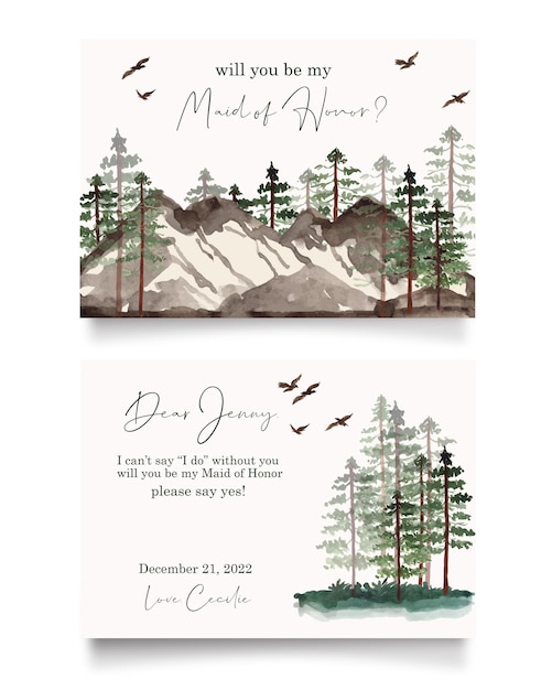 Pine tree landscape with bird silhouette watercolor bridesmaid maid of honor invitation