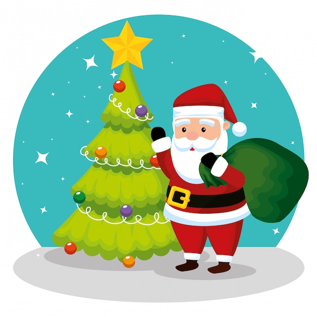 Pine tree and santa claus with bag