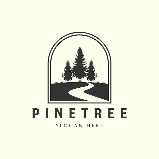 Pine tree with river vintage vector style logo and emblem template illustration design