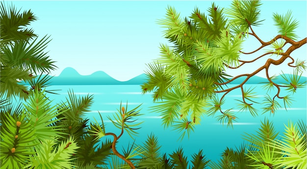 Pine trees in the background of the sea.