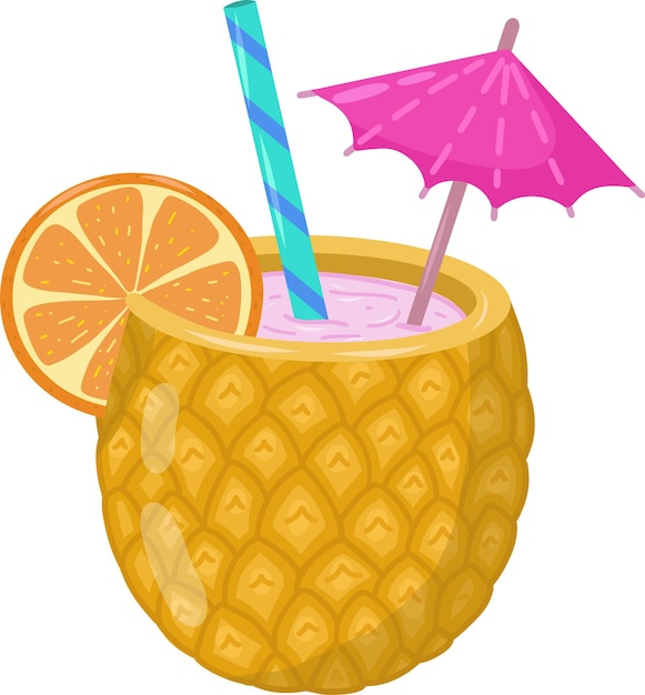 Pineapple alcoholic cocktail with straw umbrella and orange Vector illustration Alcoholic drinks