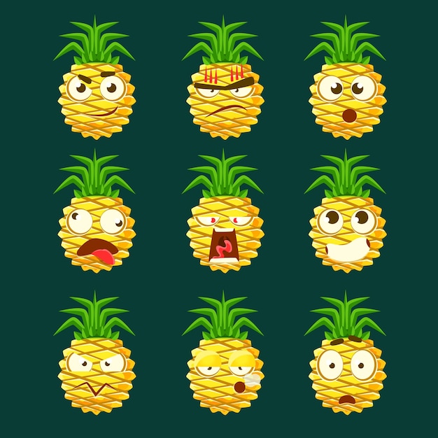 Pineapple Cartoon Emoji Portaraits Fith Different Emotional Facial Expressiona Collection Of Cartoon Stickers