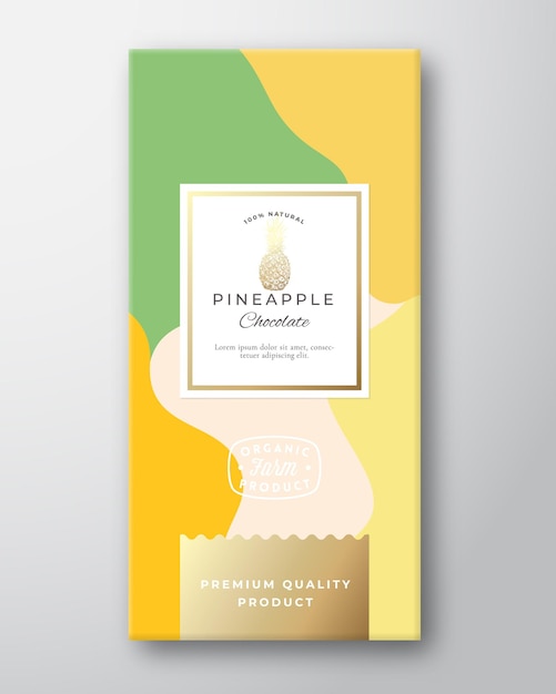 Pineapple Chocolate Label Abstract Vector Packaging Design Layout with Soft Realistic Shadows Modern Typography Hand Drawn Fruit Silhouette and Colorful Background