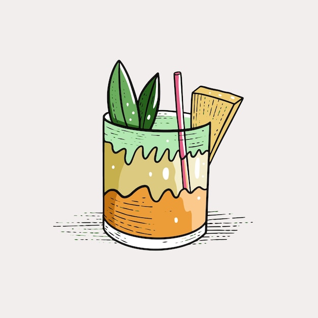 Pineapple cocktail hand drawn colored vector illustration.