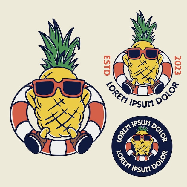 Vector pineapple mascot character vintage badges design with editable text mascot cartoon design