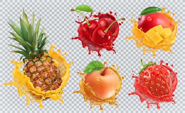 Pineapple, strawberry, apple, cherry, mango juice. Fresh fruits and splashes, 3d vector icon set