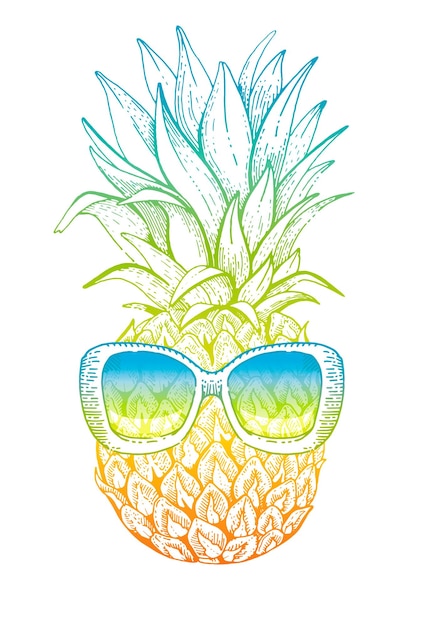 Pineapple in sunglasses Sketch vector summer fruit in glasses Cool tropical illustration of funny pineapple in sunglasses Cartoon art icon Sunny food logo Funny party beach design Tshirt print