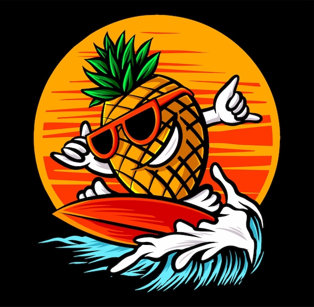 Pineapple surfing beach isolated on black