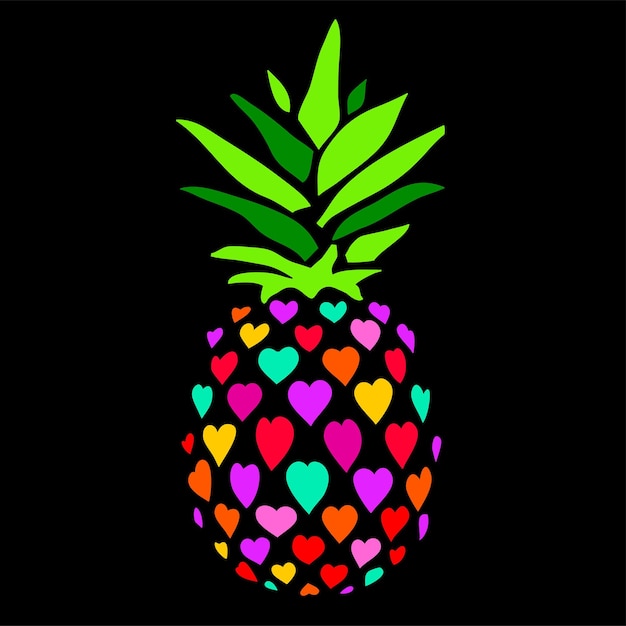 Pineapple vector illustration Multicolored pineapple in hearts on black background