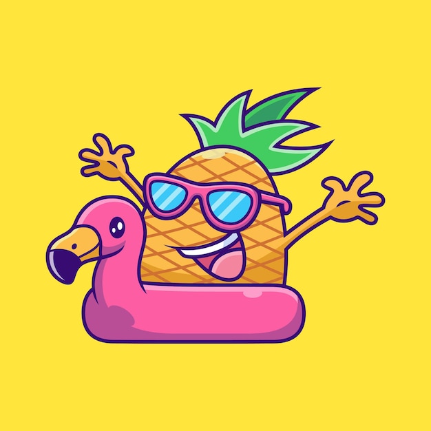 pineapple with flamingo tires cartoon. fruit vector icon illustration, isolated on premium vector