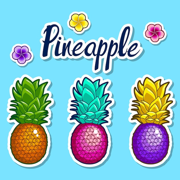 Pineapples and flowers Set of bright stickers