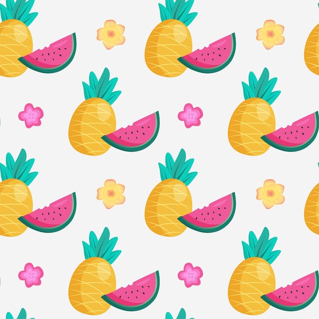 Pineapples and watermelon on the white background Vector seamless pattern with tropical fruit