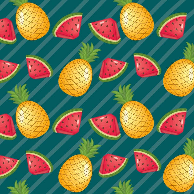 Pineapples and watermelons fruits on striped background