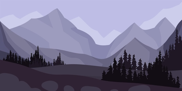 Pines and mountain peaks covered with snow horizontal landscape vector illustration