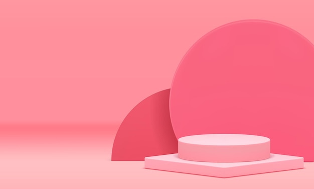 Pink 3d podium pedestal with round geometric wall background realistic vector illustration