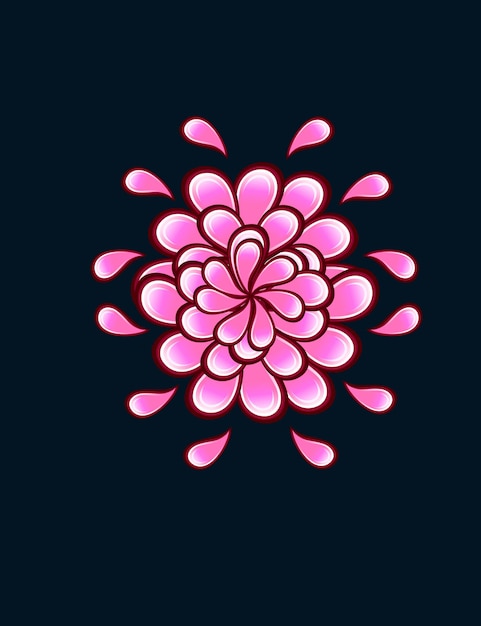 Pink abstract flat flower water drops flowing flat vector illustration on dark background