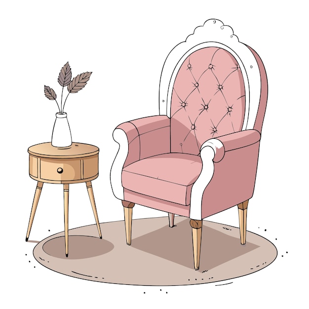 Vector a pink armchair with a tufted back and a wooden side table with a vase of dried leaves