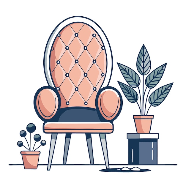 Vector a pink armchair with tufted upholstery a potted plant and a flower pot on a white background