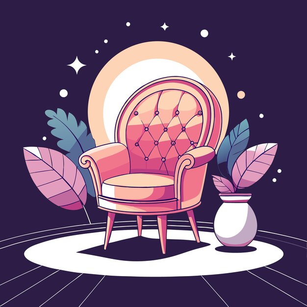 Vector a pink armchair with tufted upholstery sits on a platform surrounded by leaves and a vase under a glowing moon