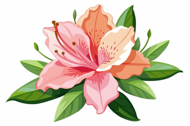 Vector pink azalea flower with green leaves