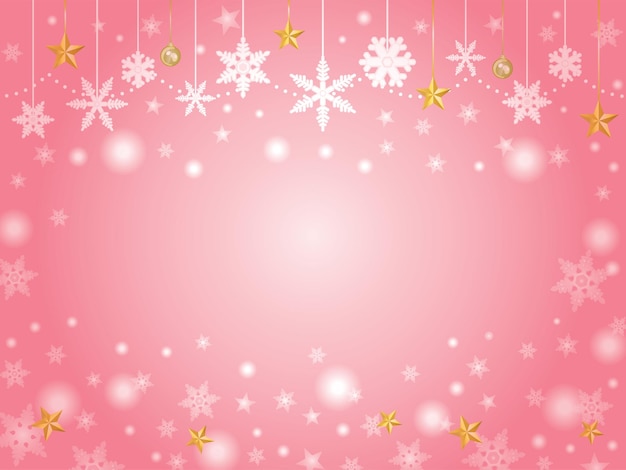 Pink background illustration of star and snowy crystal of Christmas.