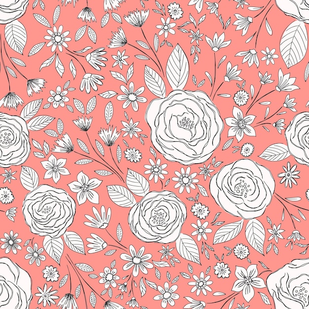 Pink Background With Beautiful Hand Drawn Roses And Flowers Pattern