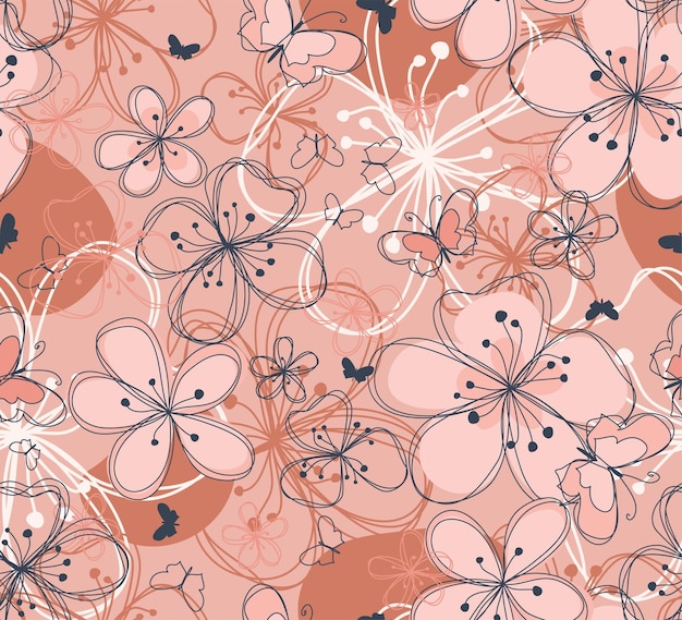 Vector a pink background with butterflies and flowers