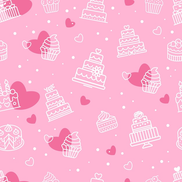 Pink background with cake and heart patterns vector illustration