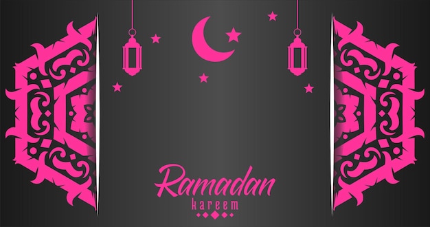 A pink background with a crescent moon and a star with the words ramadan.