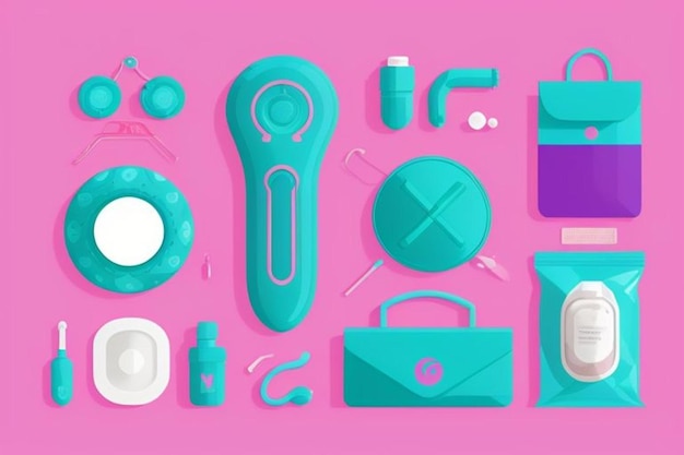 a pink background with different items including a pink background