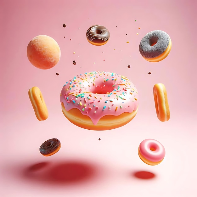 Vector a pink background with a donut and the word donuts